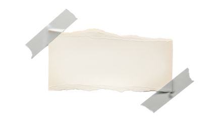 Roughly torn piece of light colored paper with rough edges is taped to a surface with two pieces of white tape isolated on transparent background