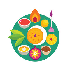Top-view puja thali vector with Diya flowers fruits and rice bowl flat bright illustration