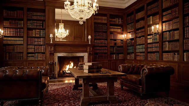 Elegant library with cozy atmosphere. Rich wooden shelves filled with books create a warm environment. Fireplace adds comfort and charm, inviting relaxation.