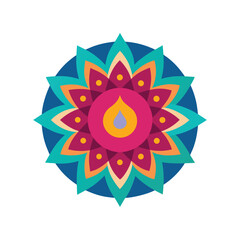Circular rangoli pattern vector with central diya flat colorful illustration