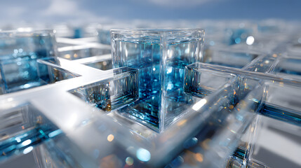 Abstract geometric maze structure made of glass tubes, isolated on white background. Blue objects are refracted through the transparent surfaces. 3D rendering illustration.