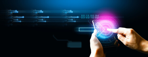 hand of businessman interactive touching a holographic system network and technology, sci-fi cyberpunk hud