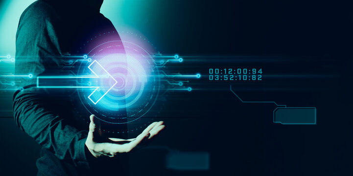 hand of businessman interactive touching a holographic system network and technology, sci-fi cyberpunk hud - Powered by Adobe