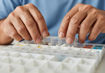 A man carefully sorting his daily prescription medication into a weekly pill organizer, managing his health and treatment plan