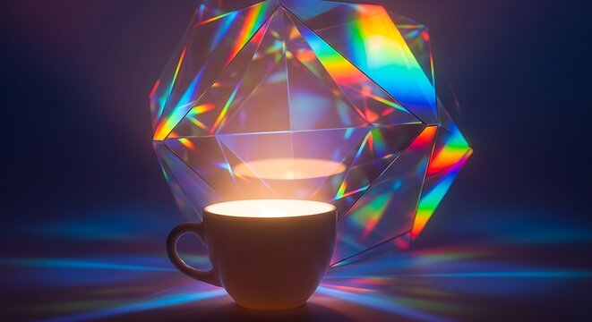Iridescent Prism Refraction Illuminating a White Cup creating Colorful Shadows in a Dark Space