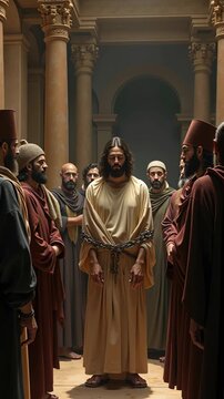 Jesus is being questioned by Caiaphas the high priest after being arrested