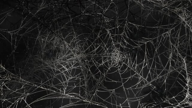 seamless looping motion graphic of blue spider webs on black background