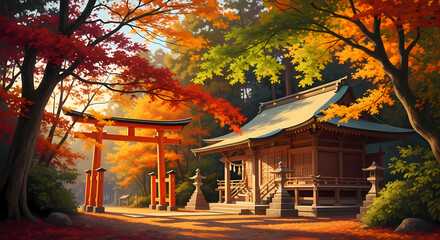 Sunset rays through forest with Japanese shrine gate