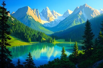 Majestic Mountain Peaks Reflecting in Crystal Clear Lake Serene Landscape