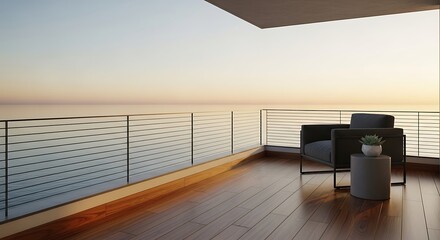 Serene ocean view from modern balcony retreat with minimalist chair
