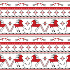 Seamless background with decorative elements of cosmogonic traditional folk of Russia. Mezensky red horse seamless pattern