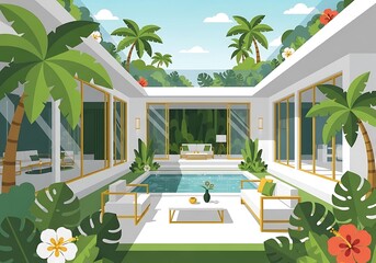 Serene tropical courtyard oasis with luxurious amenities and vibrant foliage