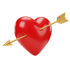 Red heart pierced by golden arrow isolated on transparent background