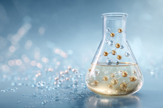 A glass conical flask holding a yellow liquid with floating molecular structures in silver and gold atoms on a reflective blue surface with scattered droplets and soft bokeh lights