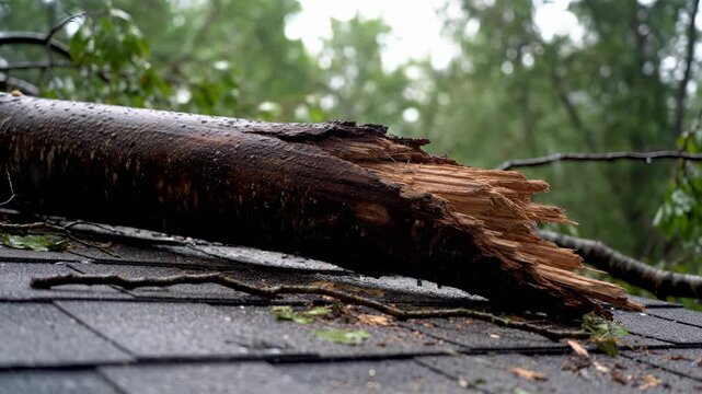 Fallen tree branch on roof during rainy weather. Storm causes damage to residential properties. Natural disaster impacts environment and community safety.