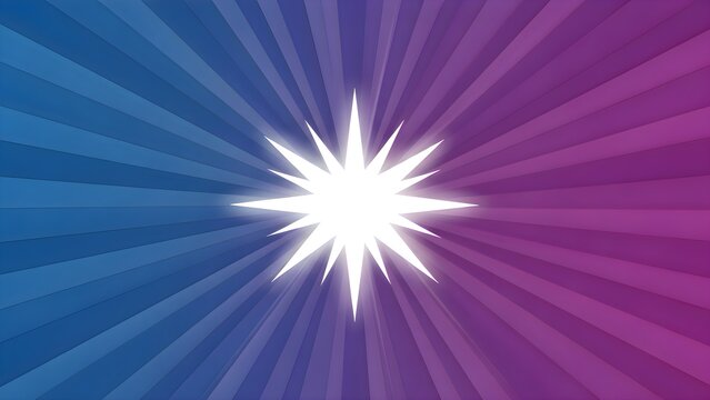 Radiant white starburst with glowing beams on a vibrant blue and purple gradient background, symbolizing energy, brilliance, celebration, cosmic light, and dynamic motion in an abstract digital design