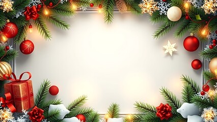 Festive christmas frame with ornaments, lights, and gifts on a bright surface, creating a cozy holiday atmosphere