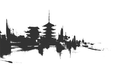 Naklejka premium Kyoto city skyline in black ink brush stroke grunge art with traditional Japanese cultural landmarks