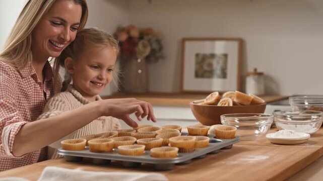 A mother and daughter are working together, and preparing donuts in a kitchen setting Stock Video