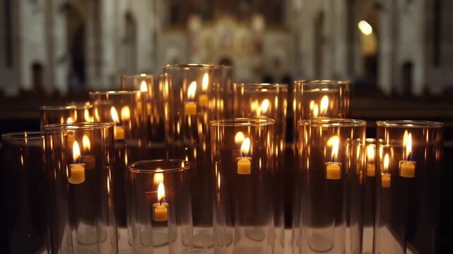 Warm candlelight illuminates rows of glass candle holders in a church, creating a serene ambiance Stock Video
