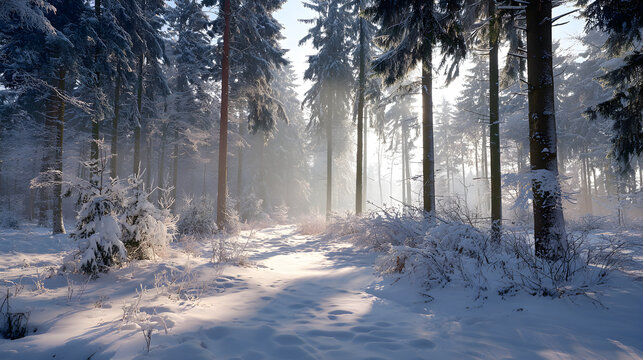 Snow-covered forest clearing at dawn, backlight glow and tranquil perspective, poetic natural wallpaper