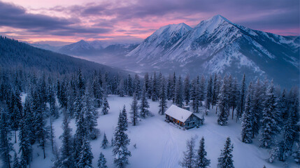 Snow-covered mountain cabin under pink dawn light, atmospheric aerial view, tranquil alpine charm