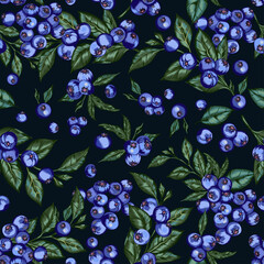 Blueberry vector seamless pattern illustration juicy blueberries on a dark navy blue background