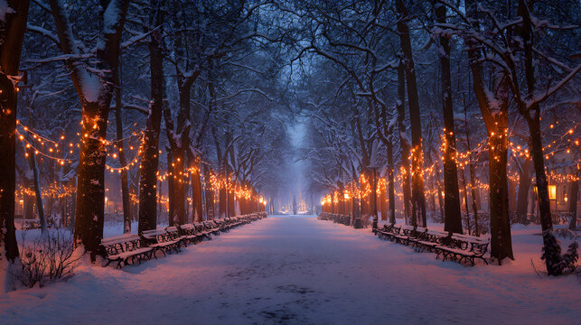 Snow-covered pathway lined with glowing trees, symmetrical perspective and emotional winter calm - Powered by Adobe