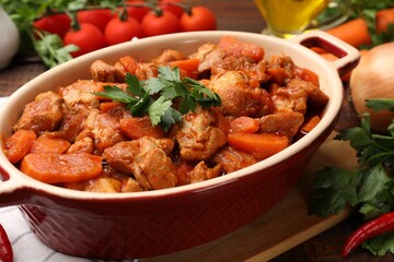 Delicious cooked stew in baking dish and fresh ingredients on wooden table, closeup