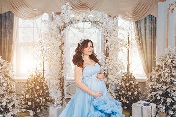 pregnant girl in a lush blue dress. girl with dark hair wearing a crown. christmas decoration. High quality photo
