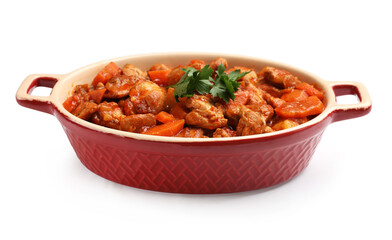 Delicious cooked stew in baking dish isolated on white