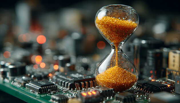 Hourglass with orange sand sits on computer circuit board. Represents time flow in modern technology world. Deadline, time pressure. Tech progress, microchips, digital components in hi tech industry.