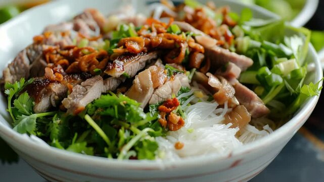 A hearty beef pho noodle soup with fresh herbs and spices.