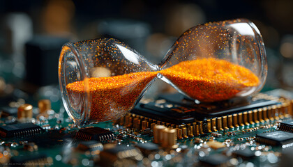Hourglass with orange sand sits on computer circuit board. Represents time flow in modern technology world. Deadline, time pressure. Tech progress, microchips, digital components in hi tech industry.