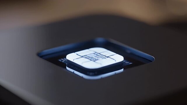 Close Up Of A Small Square Black Device With Recessed Illuminated Button With Detailed Circuit Board Against Blurred Background With Soft Lighting