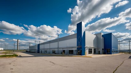 Modern industrial warehouse building exterior under blue sky with clouds showing spacious architecture and logistics distribution center - Powered by Adobe