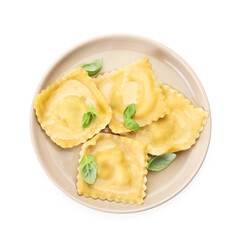 Delicious ravioli with basil isolated on white, top view