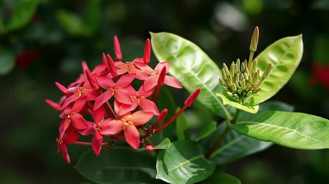 Ixora Coccinea Scarlet Flowers with Green Leaves in Natural Garden Light