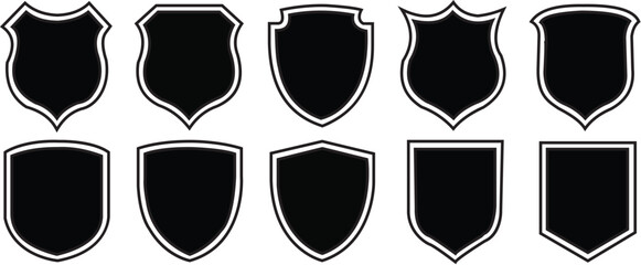shield icons set. collection of black security shield icons. shield vector, police badge shape and basic shield vector illustration