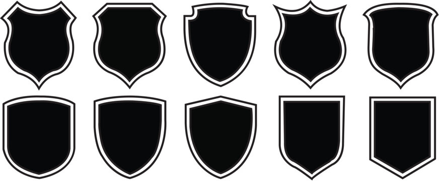 shield icons set. collection of black security shield icons. shield vector, police badge shape and basic shield vector illustration