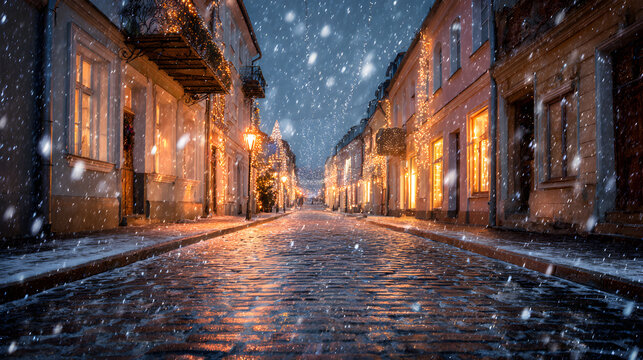 Snowfall on cobblestone street with glowing windows, cinematic motion blur and leading lines, emotional holiday stillness - Powered by Adobe