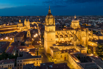 Fototapeta premium Aerial view of the historic cityscape of Salamanca at night, Spain