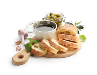 Slices of ciabatta, spices and olives isolated on white