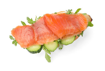 Tasty bruschetta with salmon, cucumber and arugula isolated on white, top view