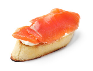 Tasty bruschetta with salmon and cream cheese isolated on white
