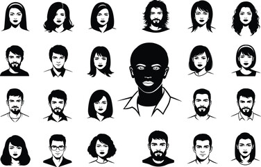 Diverse Portrait Silhouettes – Minimalist Headshots with Central Figure Emphasis