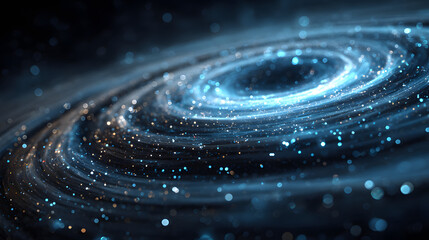 Blue glowing concentric rings with scattered light particles swirling in a dark background, like a futuristic data vortex. Concept Blue glowing concentric rings, Data vortex visualization