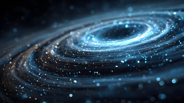 Blue glowing concentric rings with scattered light particles swirling in a dark background, like a futuristic data vortex. Concept Blue glowing concentric rings, Data vortex visualization