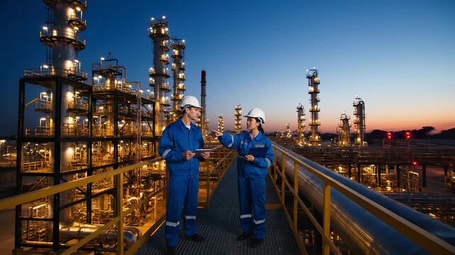 Engineers discuss project details at industrial site. Safety protocols emphasized during evening. Collaborative teamwork enhances operational efficiency.