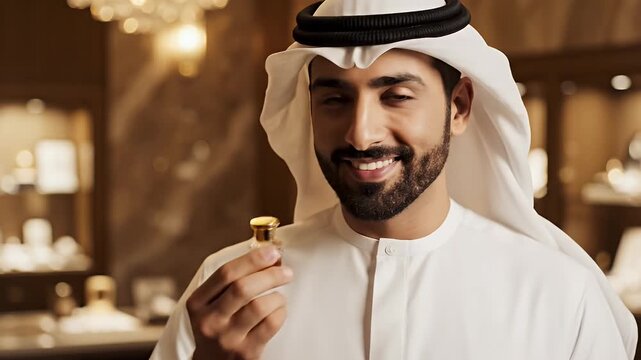 Arab man in traditional clothing smelling perfume bottle in luxury store.